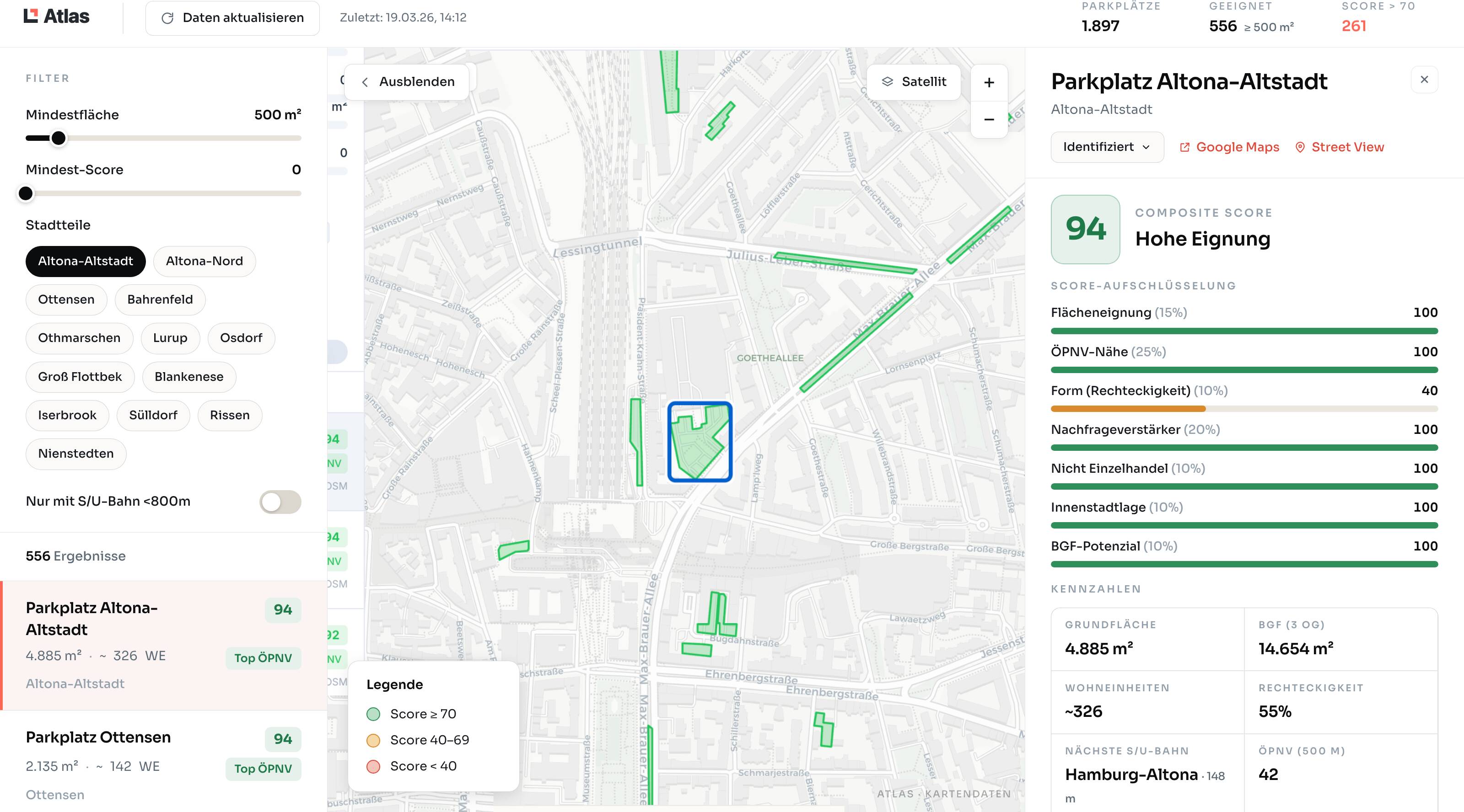 Atlas screening view — candidate parcels on the map, composite score and component breakdown for the selected parcel.